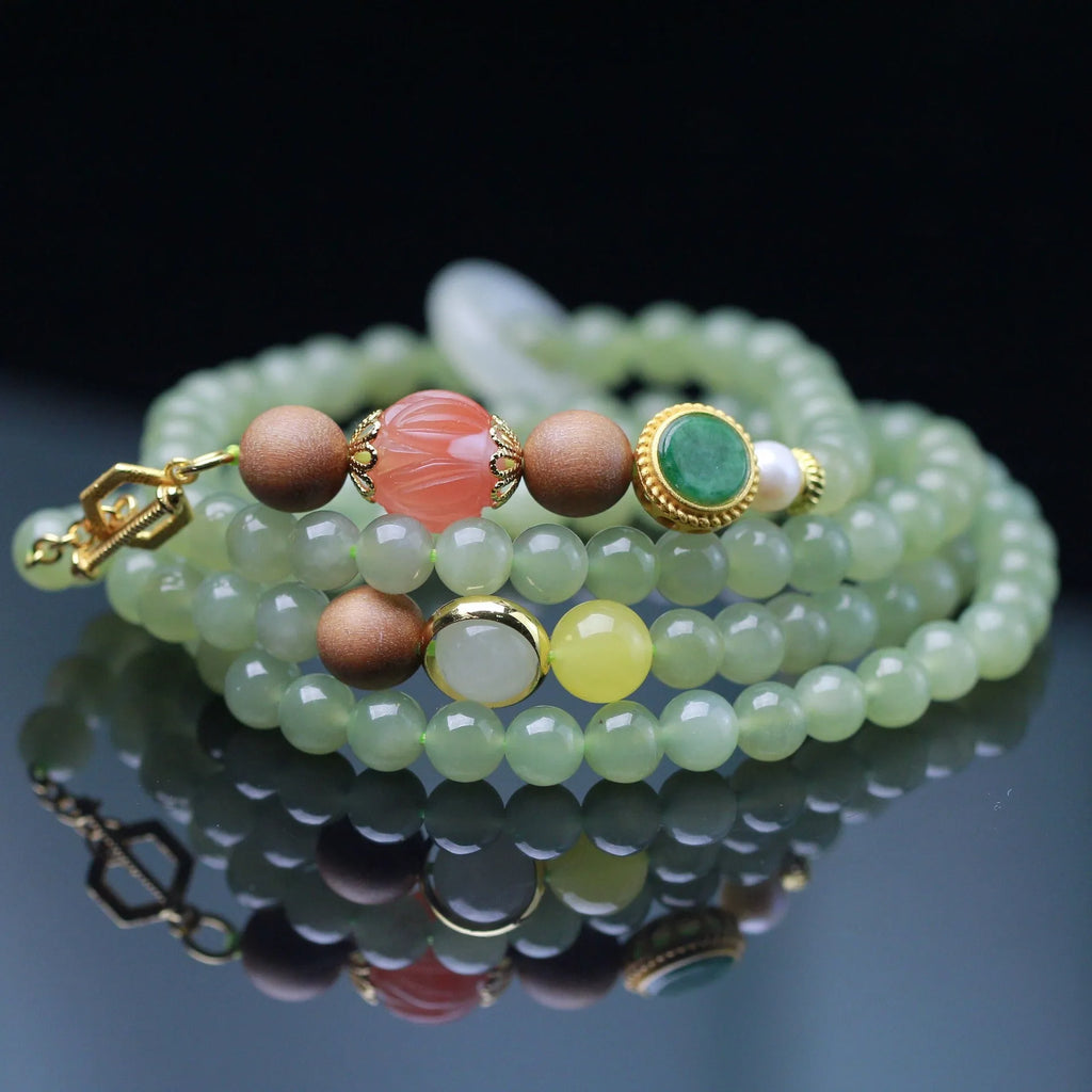 Natural Hetian jade hand-carved red lotus beads necklace and bracelet set with white sandalwood beeswax elements