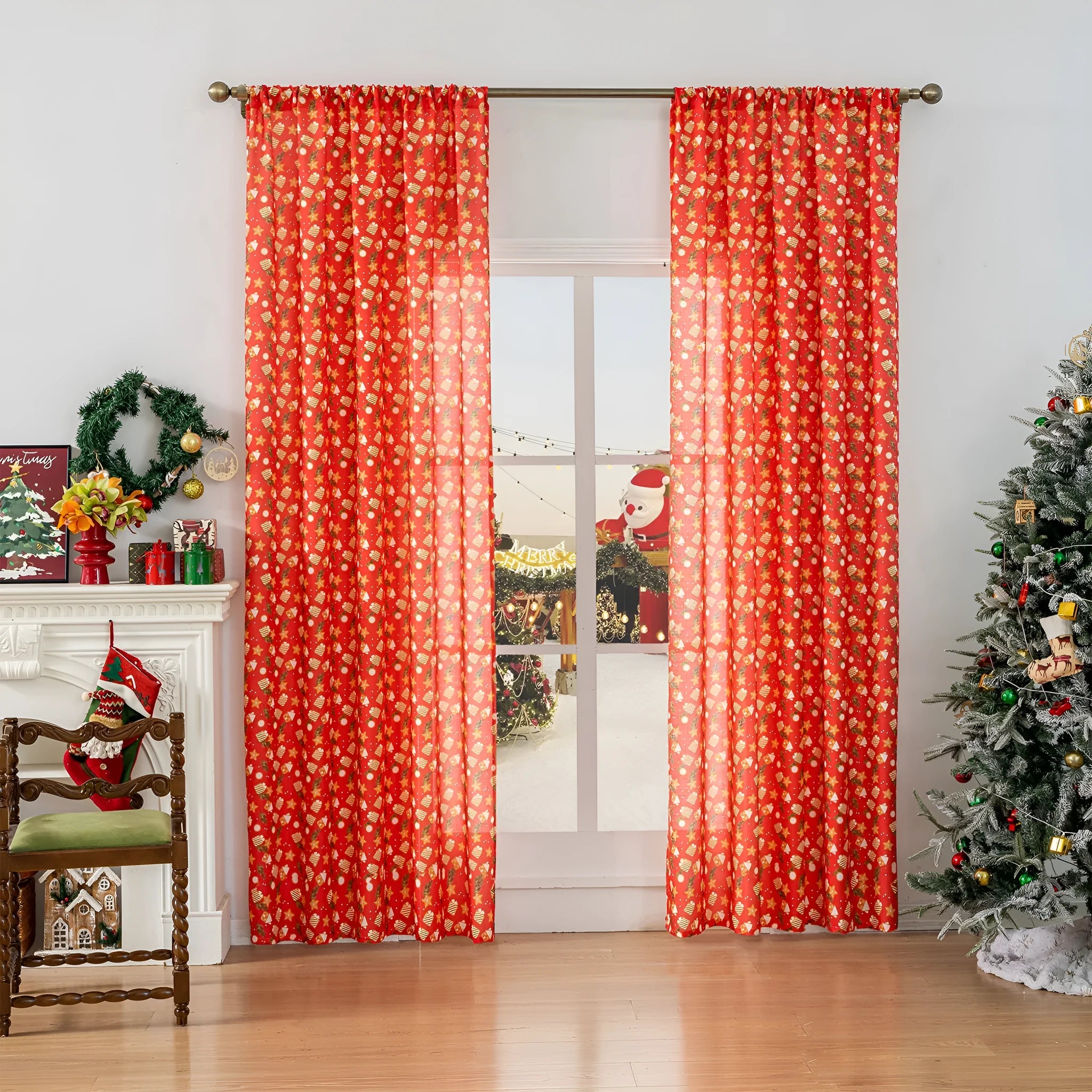 Green printed curtain with cartoon snowman and angel pattern, 1 metre length