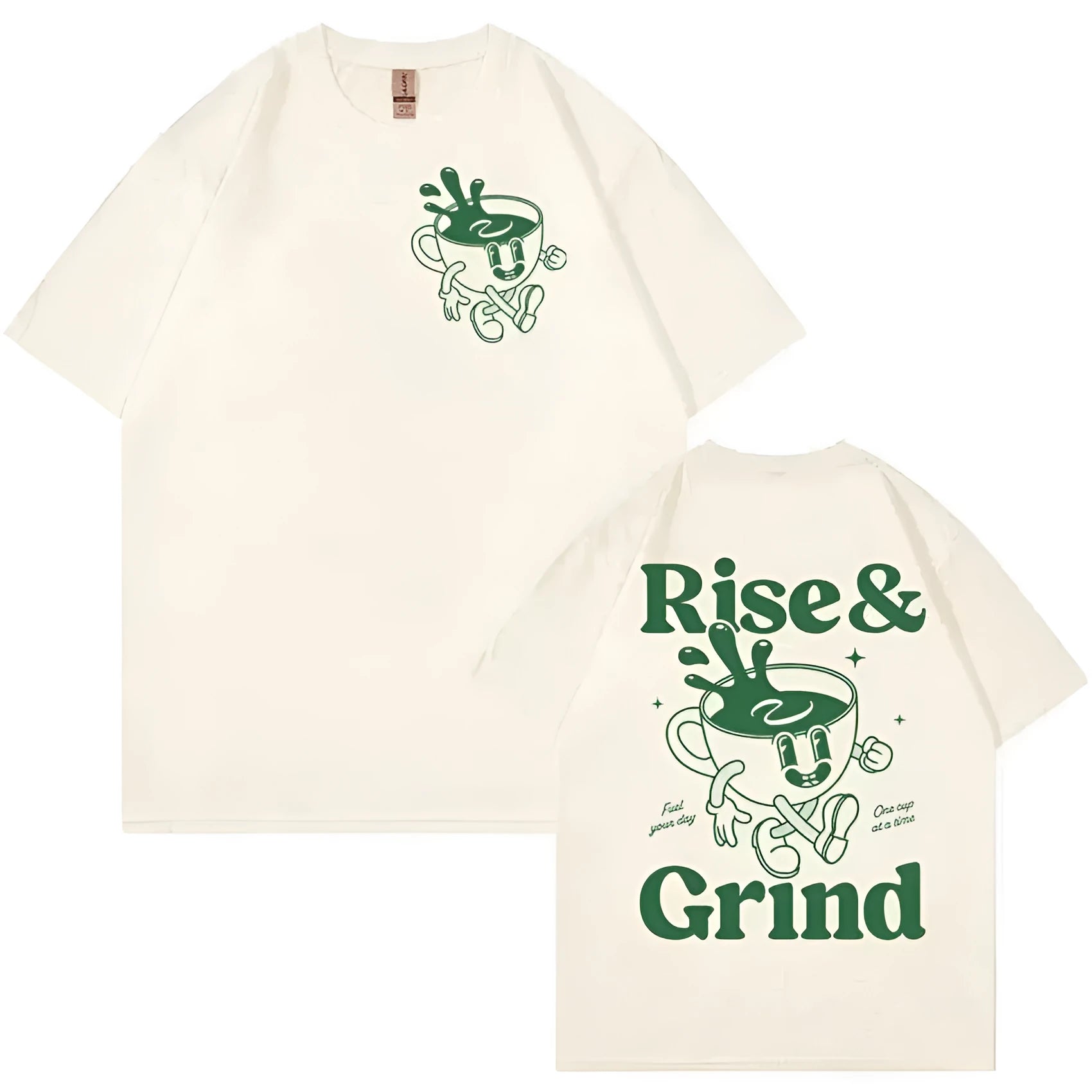 Loose fit men's linen t-shirt in a solid colour with a printed Rise And Grind cartoon graphic on the front.