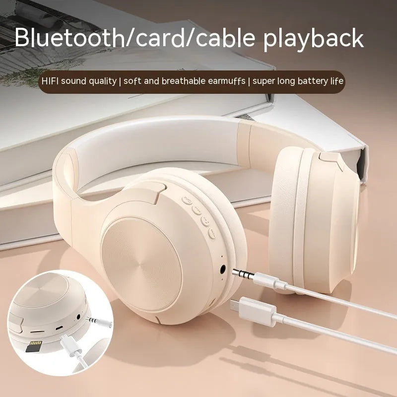 Personalised wireless Bluetooth headset in youth green colour showing head-mounted design and charging case.