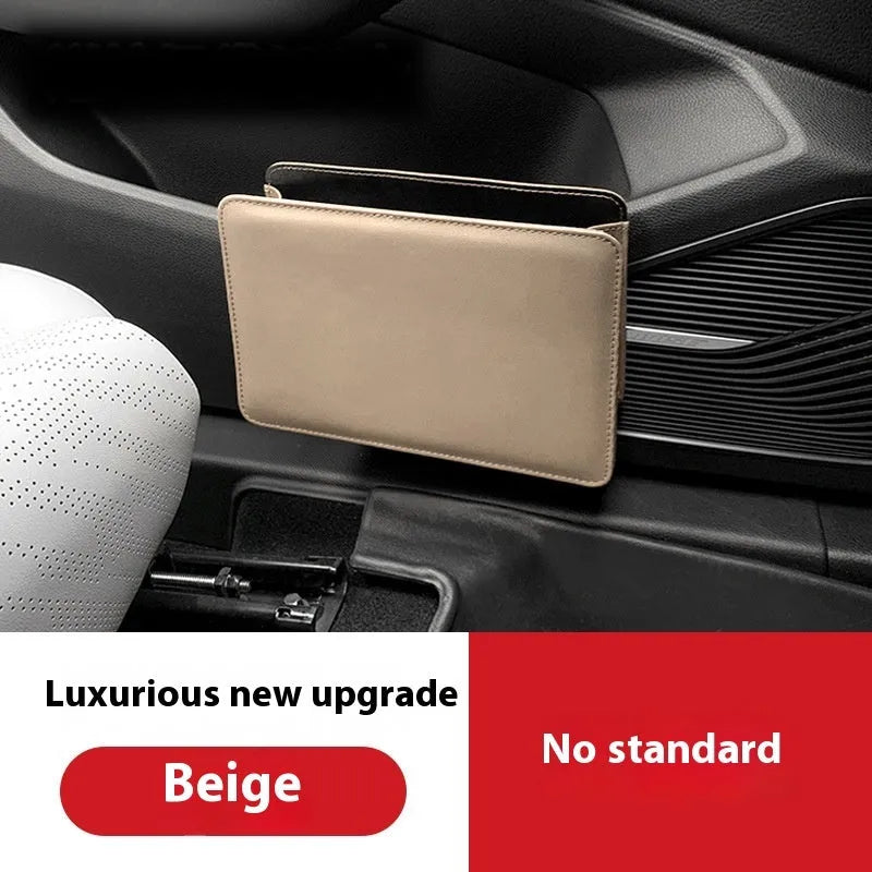 Leather car door container trash can in black, 20.5cm wide, with hanging design for door pocket storage