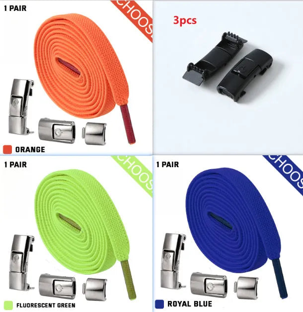 Pack of press lock elastic shoelaces in 8mm widened flat design on a colour background.