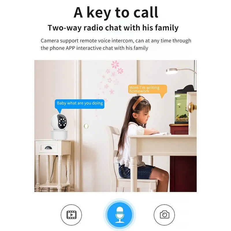 White indoor WiFi security camera with 360-degree rotation capability on stand