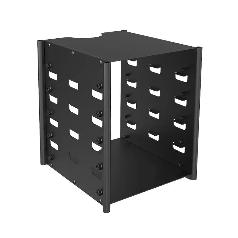 Black metal 5-layer 3.5-inch hard drive storage bracket measuring 145x140x115mm with screwdriver and screw pack