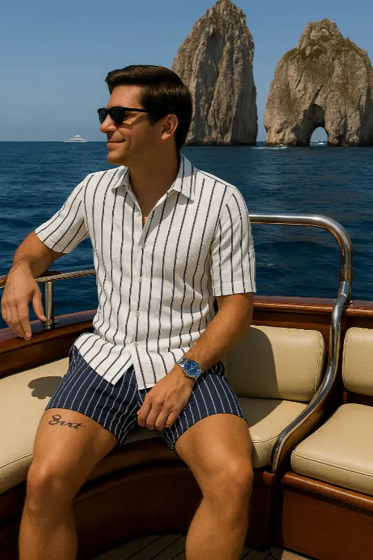 Men's lightweight elastic beach shirt and shorts set in a casual style, shown on a hanger.