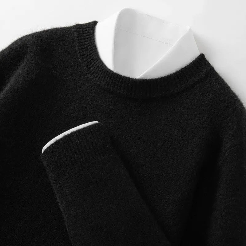 Men's round neck solid colour pullover sweater in slim fit, viscose blend, available in black