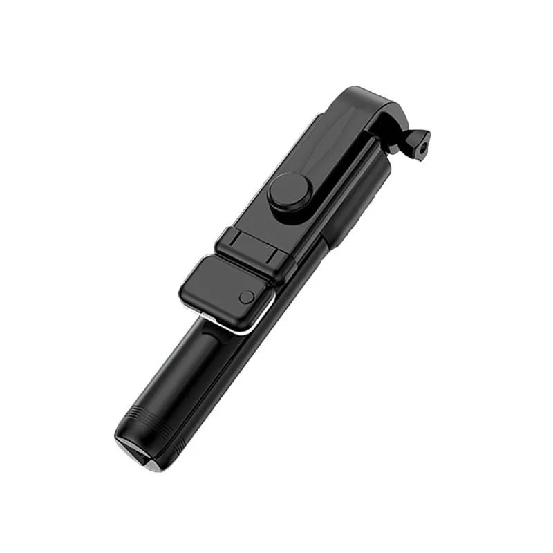 Mobile phone Bluetooth selfie stick tripod with self timer extended to 70cm on a white background in black colour