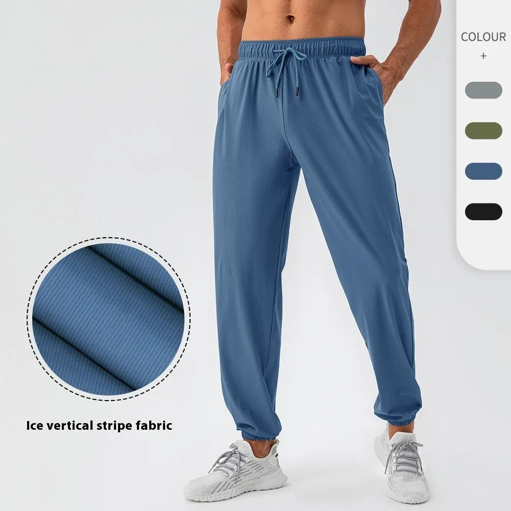 Men's nylon cool feeling loose track pants, quick-drying, black colour, running fitness training trousers