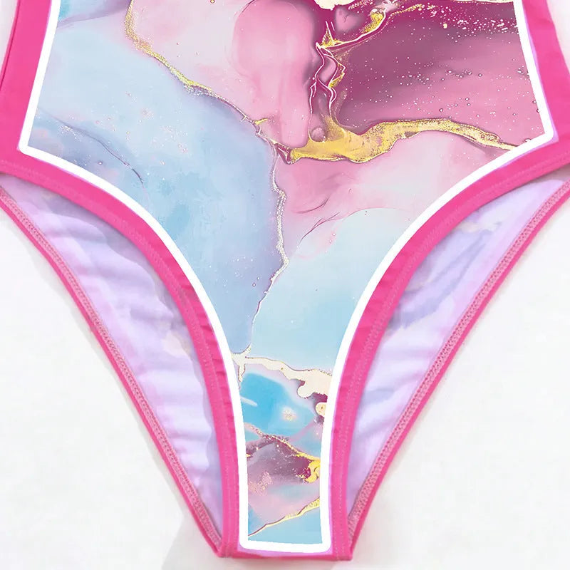 Women's pink printed sheath one-piece swimsuit with skirt for sun protection and swimming