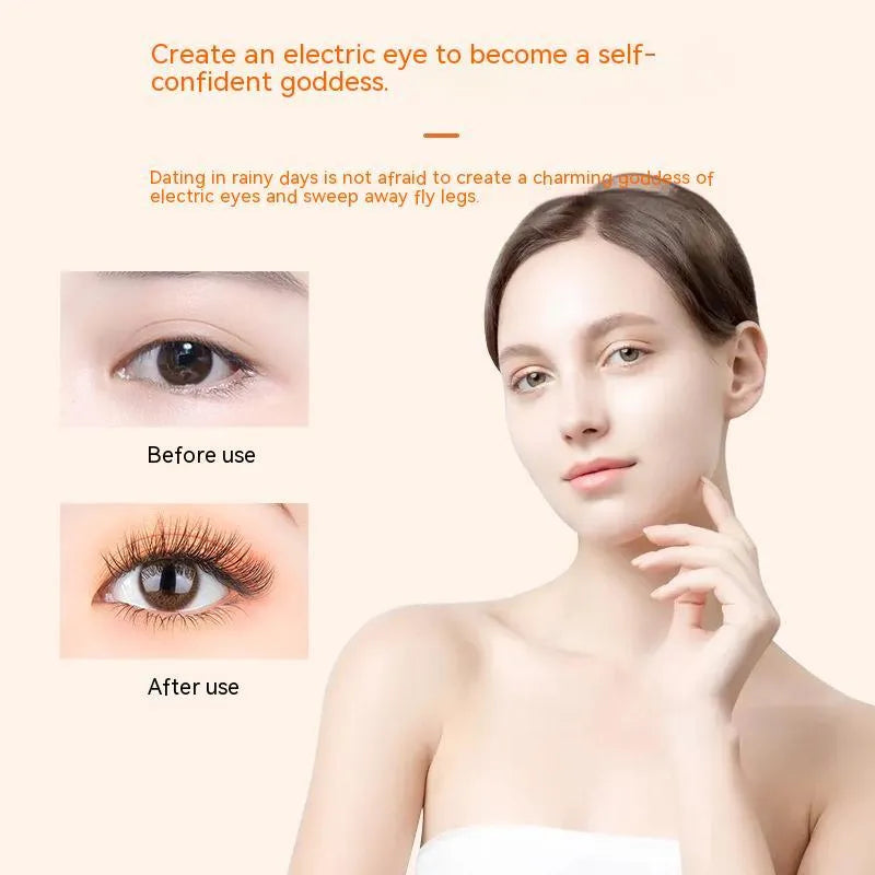 Electric eyelash curler in pink or white with silicone pad, USB cable, and three-speed temperature control.
