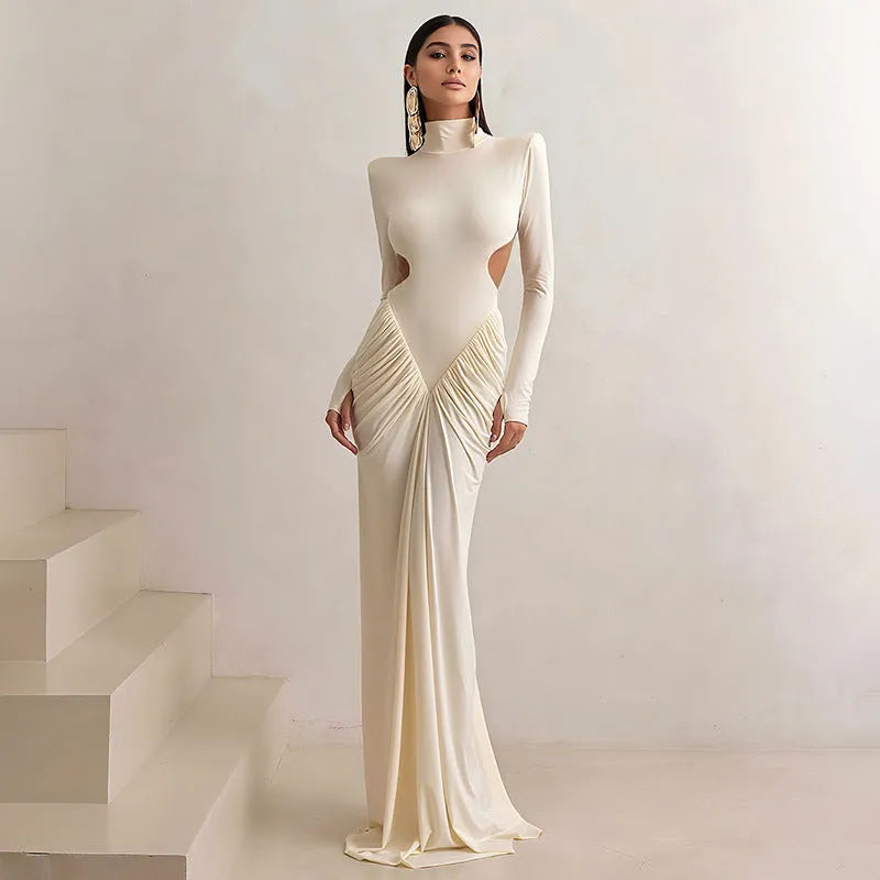 Long sleeve high collar backless pleated slim fit dress in light apricot colour