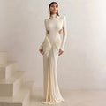 Long sleeve high collar backless pleated slim fit dress in light apricot colour