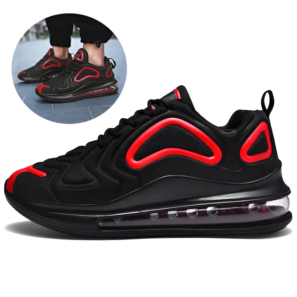 Men's black casual sneakers with lace-up front and a thick air cushion sole.