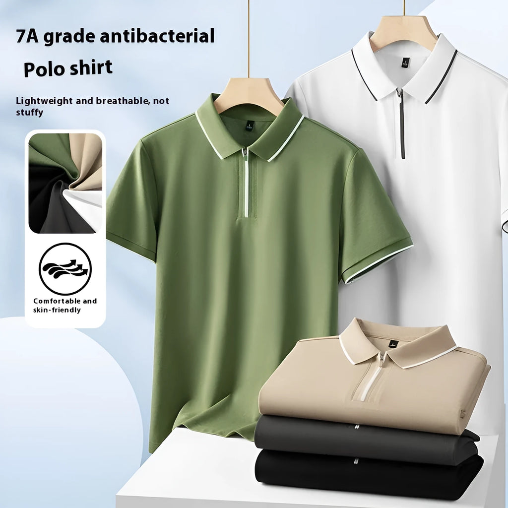 Men's solid colour zip-front polo shirt in long-staple cotton fabric on hanger
