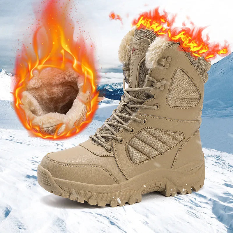 Men's brown and black snow boots with rubber sole, elastic band, and cotton lining, sizes 39-46