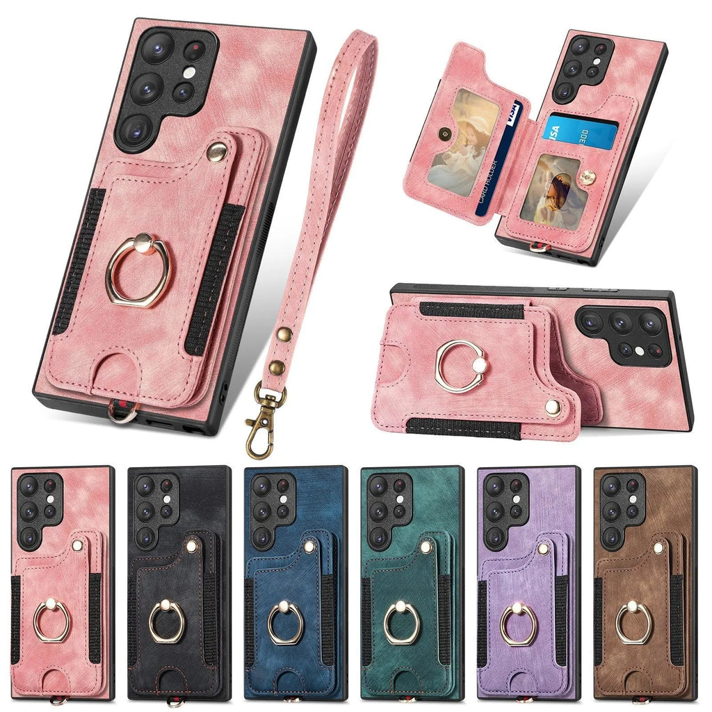 Dark Brown Samsung S25 Ultra PU phone case with ring lanyard, card holder, bracket, and magnetic suction.