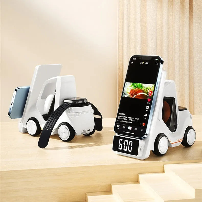 Grey three-in-one magnetic wireless charging bracket holding a phone, smartwatch, and earbuds case.
