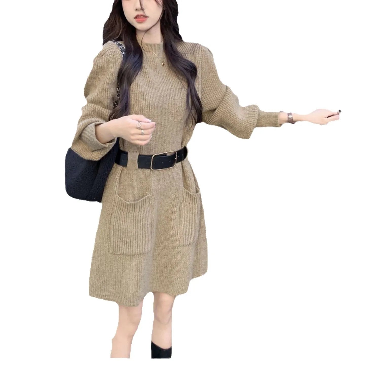 Women's long sleeve loose knitted high waist dress with black belt in beige, black, striped, khaki, or red colours