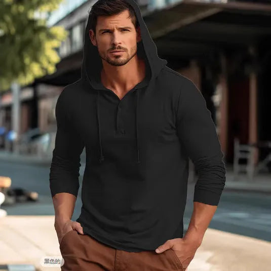Men's casual cotton pullover hoodie in dark blue colour with long sleeves.