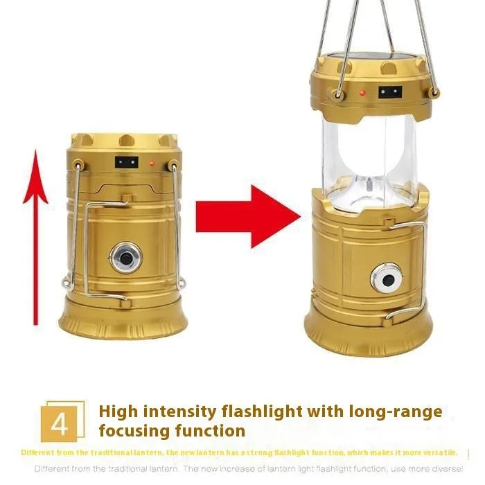 Solar multi-functional portable camping lamp with LED beads, in black, blue, and gold options
