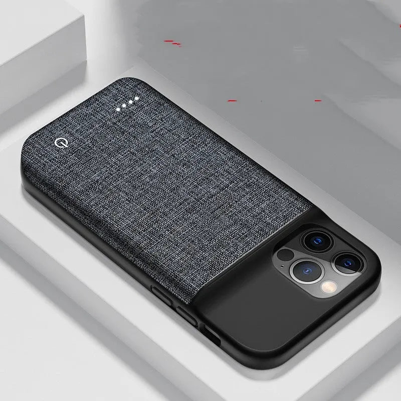 Black Oxford cloth wireless power bank phone case with multi-U ports for iPhone