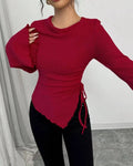 Women's rope slim pullover with long bell sleeves in apricot, light grey, black, or red