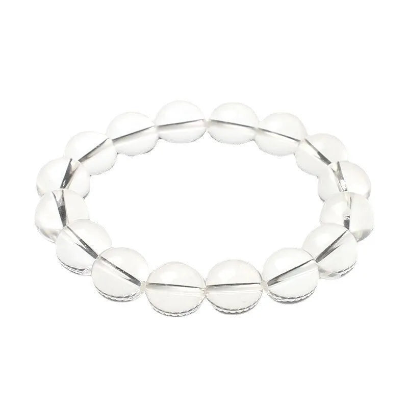 Natural Donghai white crystal round bead bracelet with geometric single circle design on a wrist.