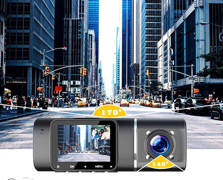 Standard black dual-channel car dash cam with 1.5-inch screen, rear camera, mount, and car charger on box.