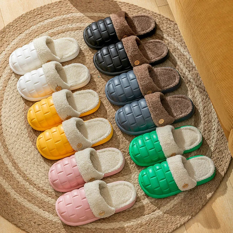Plaid pattern detachable EVA slippers with plush lining and a textured nonslip sole.