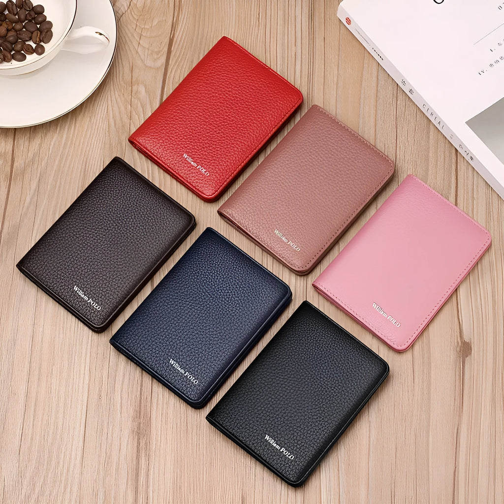 Ultra-thin cowhide leather card ID wallet in solid colour black on flat surface