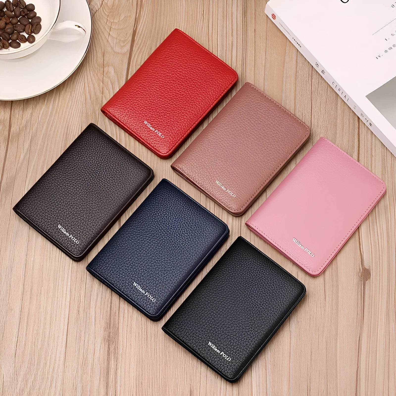 Ultra-thin cowhide leather card ID wallet in solid colour black on flat surface