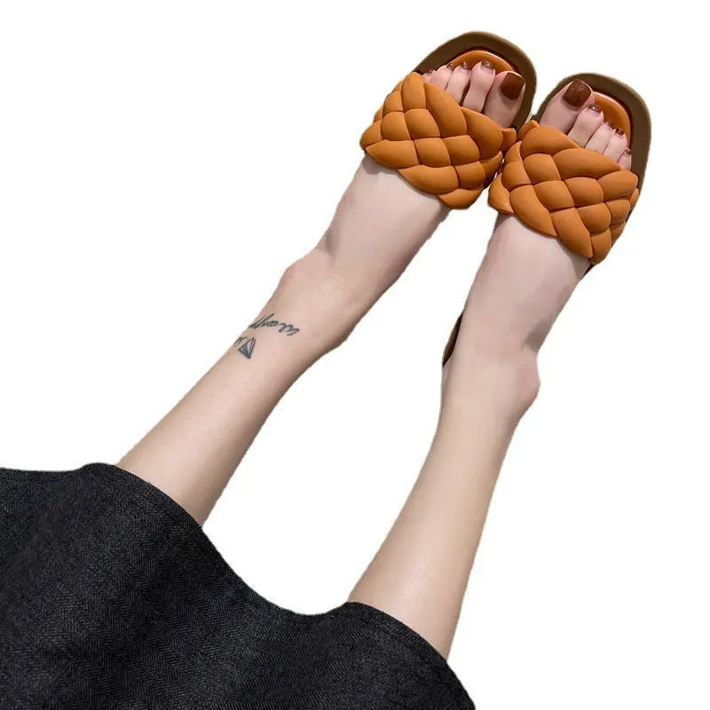 Women's plaid pattern beach sandals with thick PVC sole in white, green, black, or orange.
