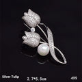Silver tulip colour flower brooch with micro-inlaid zircon detailing on alloy base