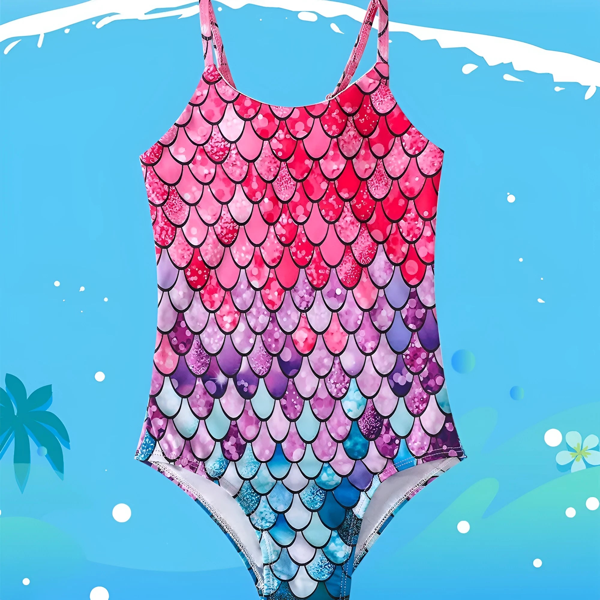 Girl's mermaid-style one-piece swimsuit in assorted colours on a white background
