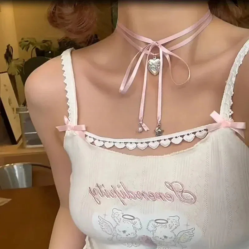Women's silver tone ribbon love pendant necklace on clavicle length chain