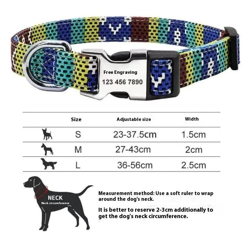 Canvas dog collar with striped bohemian pattern and adjustable semi-metal buckle for medium large dogs