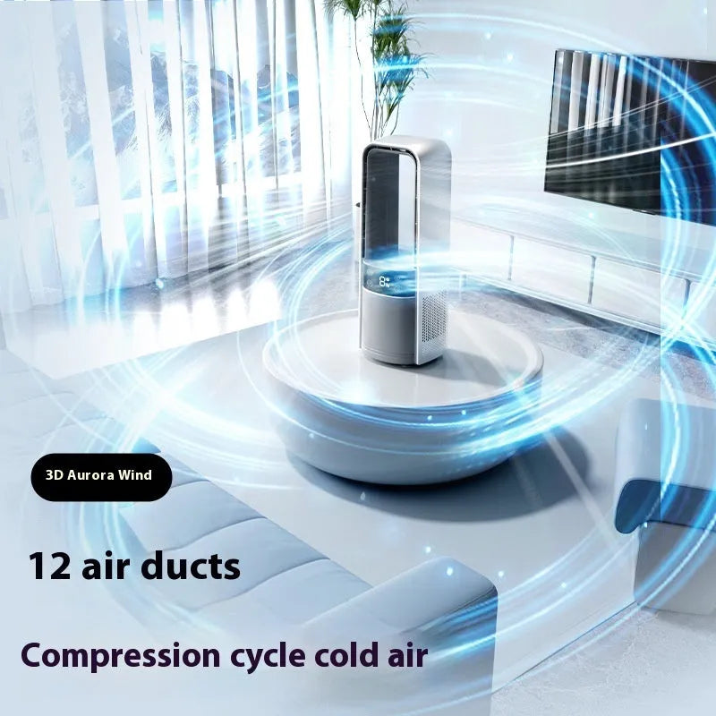 Light grey bladeless twin-turbo fan with digital display, remote control, and 3500mAh USB battery.