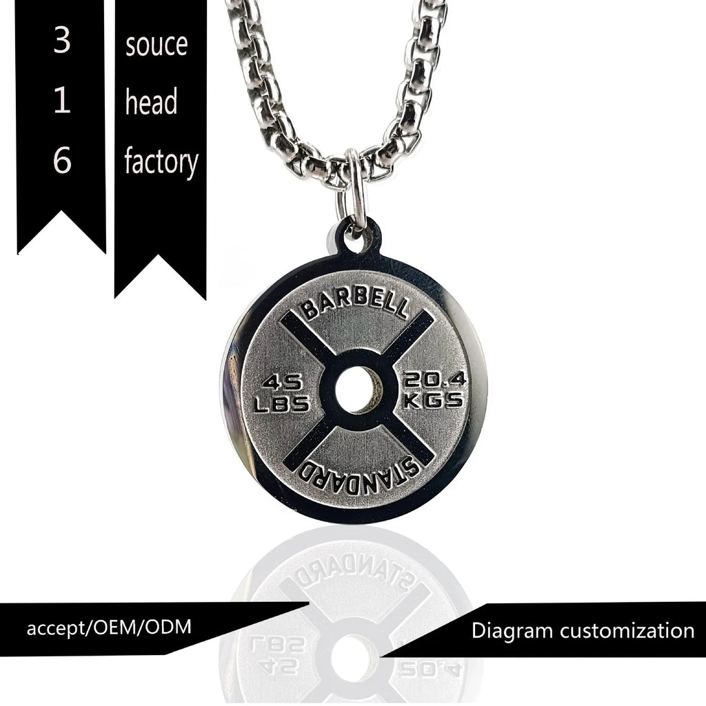 Stainless steel geometric barbell disk necklace pendant on a choice of gold, black, or pearl chain