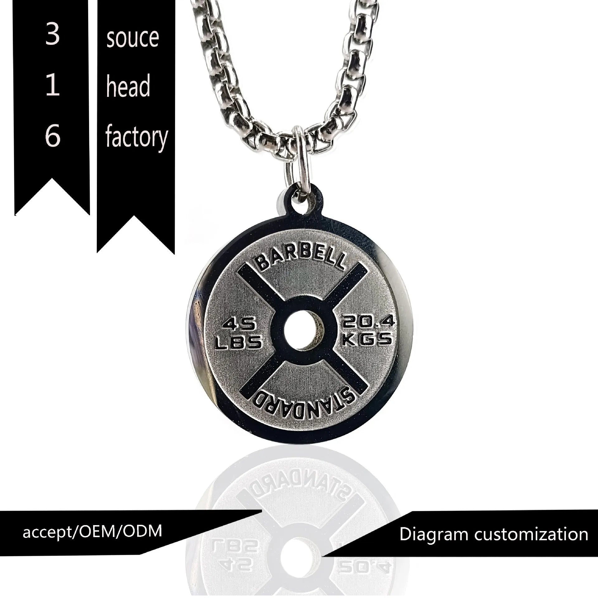 Stainless steel geometric barbell disk necklace pendant on a choice of gold, black, or pearl chain