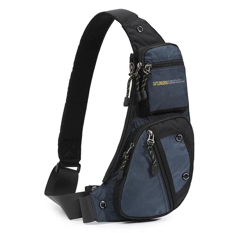 Men's nylon chest messenger shoulder bag in black, gray, army green, or blue with multi-functional shoulder strap