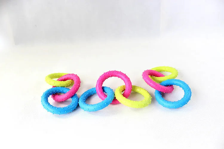 Blue TPR rubber dog toy shaped like a three-link chain for chewing and dental care