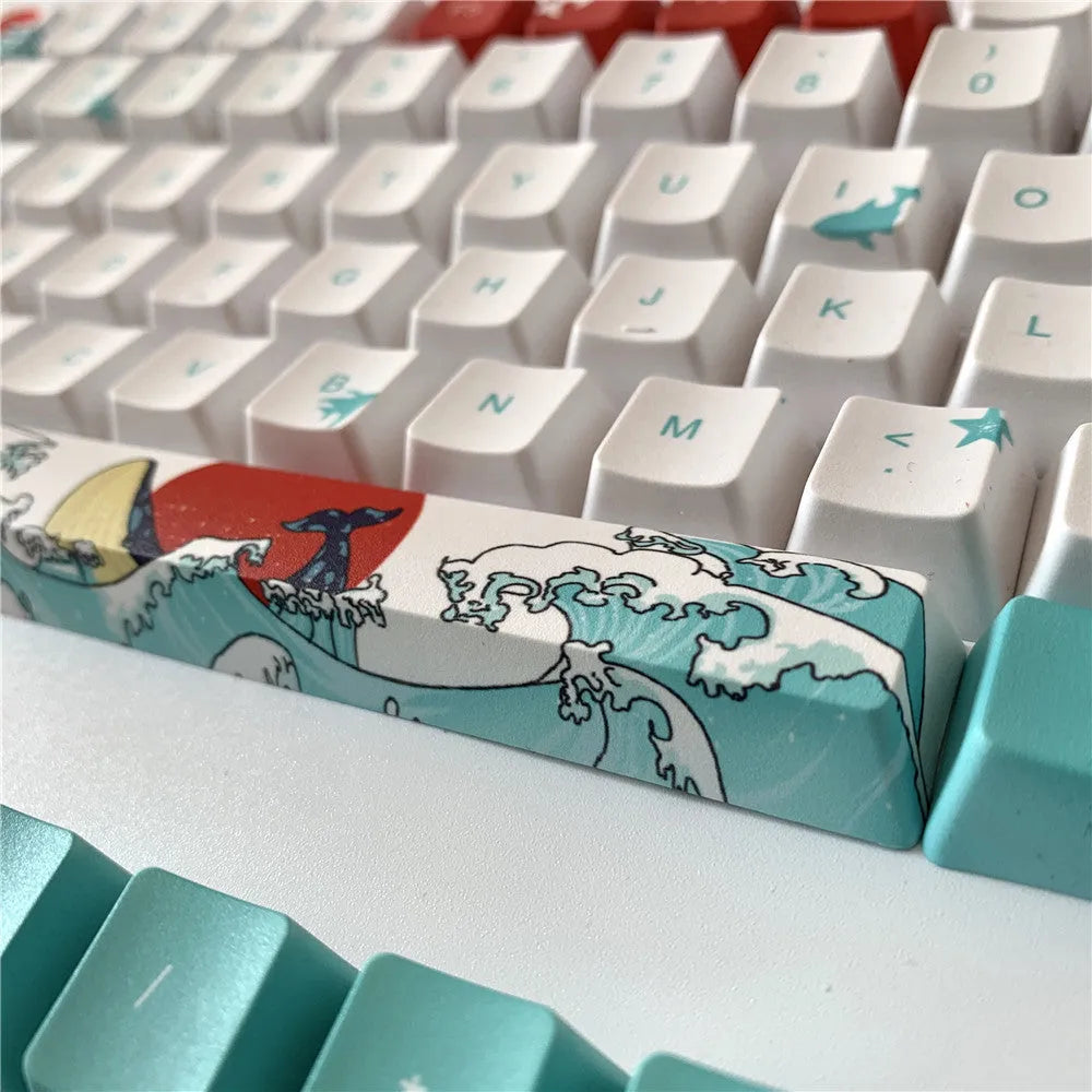 Coral Sea themed PBT dye-sublimation keycap set for mechanical keyboards, includes large custom keys.