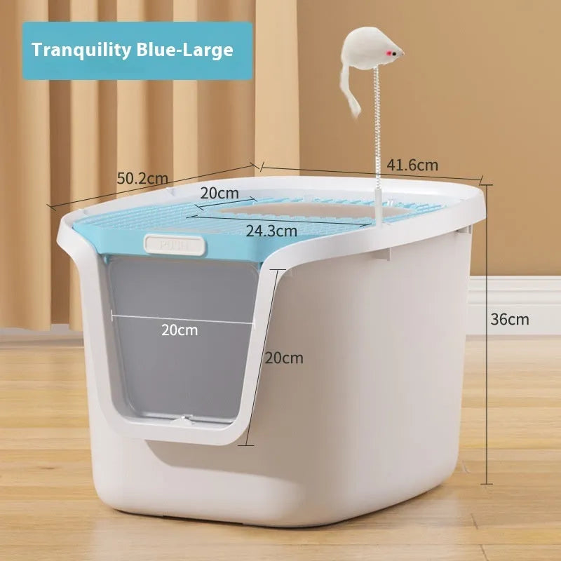 Fully enclosed extra large cat litter basin in medium grey with roll tail top entrance, deodorising film, cat shovel, and cat teasing pole