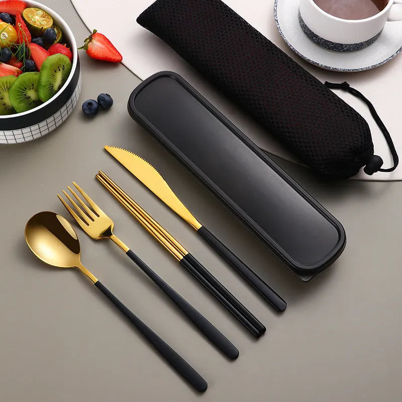 304 stainless steel portable cutlery set with gold knife fork spoon and mesh bag