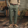 Men's retro cargo trousers in Army Green, cotton bevel cloth, loose straight leg, mid waist, sizes 28 to 38