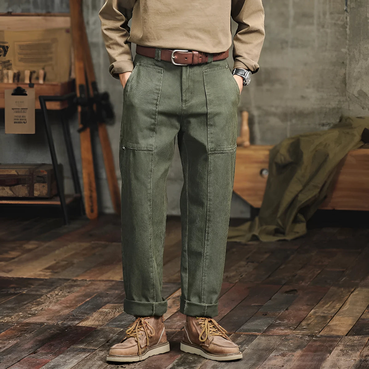 Men's retro cargo trousers in Army Green, cotton bevel cloth, loose straight leg, mid waist, sizes 28 to 38