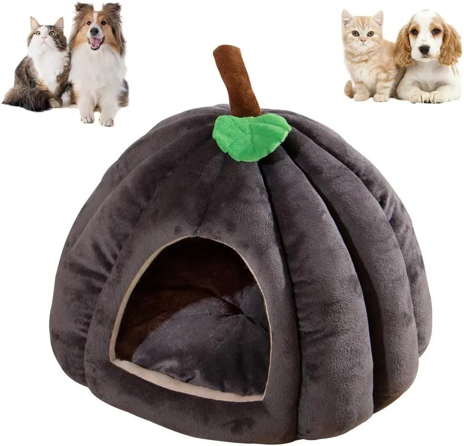 Pumpkin-shaped cat bed in blue, showing semi-enclosed cave design and plush fabric entrance.