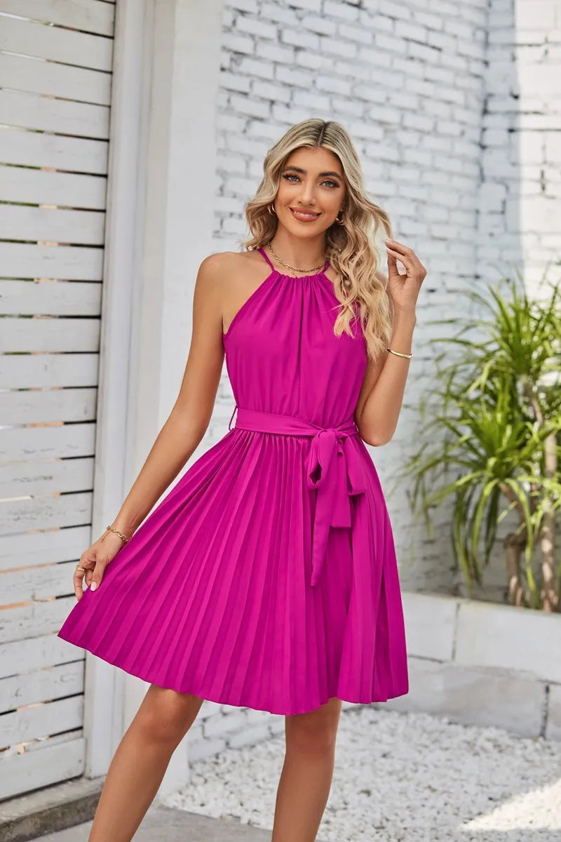 Women's halter strapless chiffon dress with pleated midi skirt and adjustable waist belt
