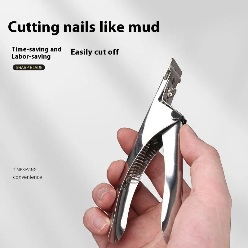 Close-up of stainless steel U-shaped nail art scissors with an electrophoretic black finish.