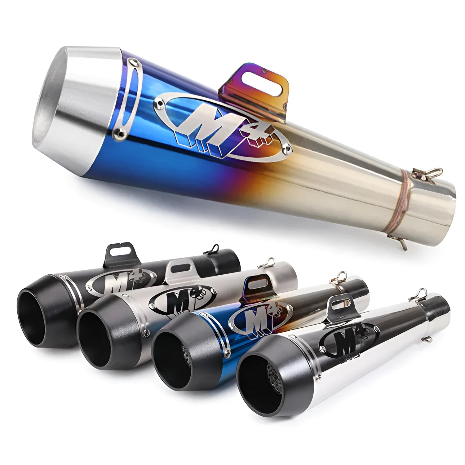 M4 universal motorcycle exhaust pipe in stainless steel, showing various finish options like black, titanium, and half blue.